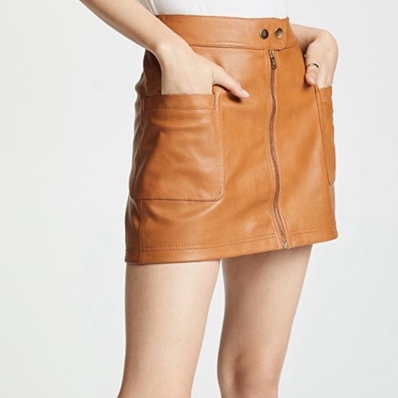 Free People Cognac Vegan Leather Zipper Front Mini Skirt 2 - Picture 3 of 11